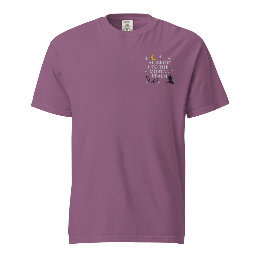 Allergic to the Mortal Realm Embroidered T-shirt | Comfort Colors Tee