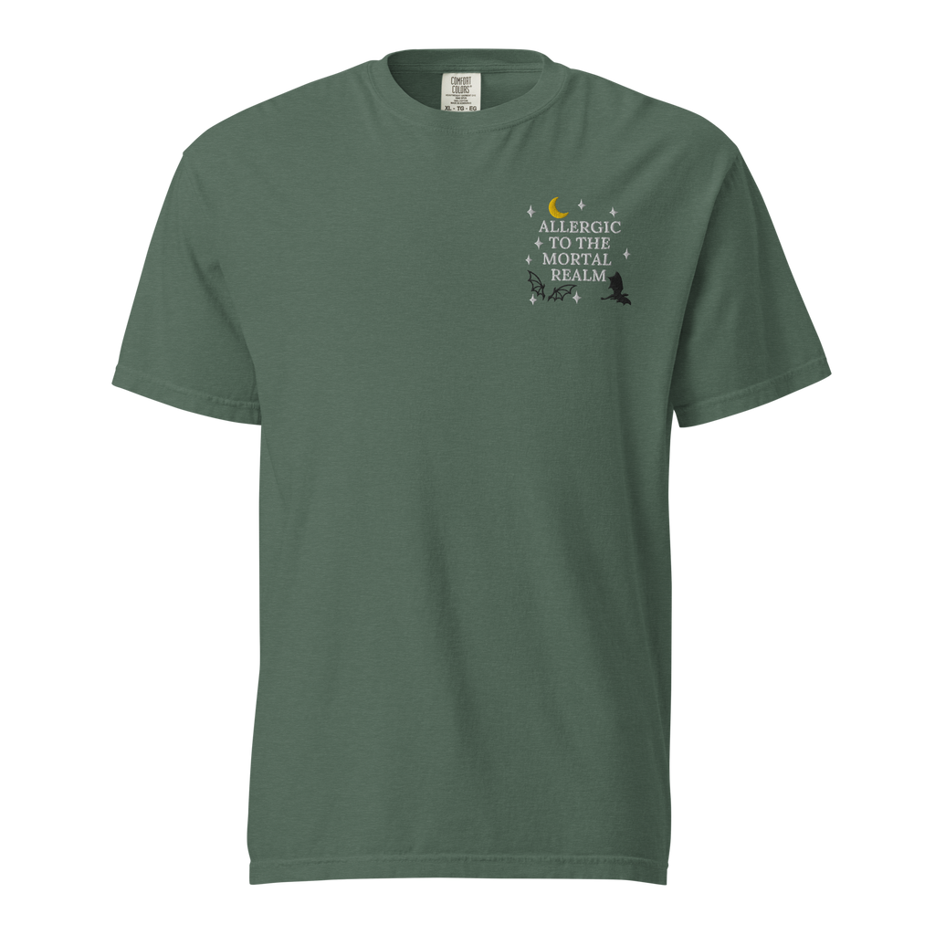 Allergic to the Mortal Realm Embroidered T-shirt | Comfort Colors Tee