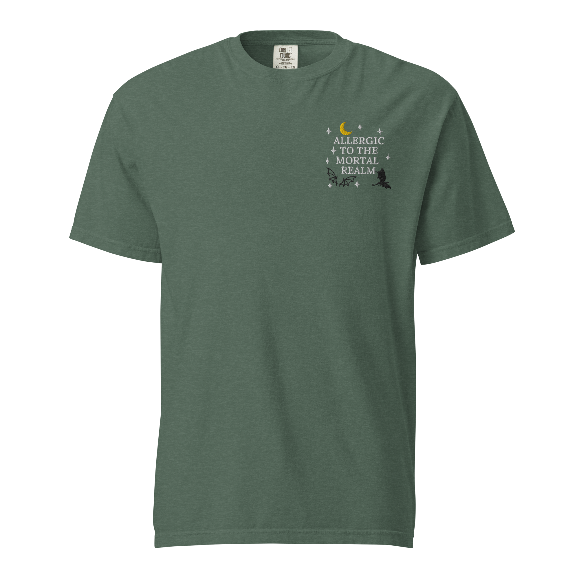 Allergic to the Mortal Realm Embroidered T-shirt | Comfort Colors Tee