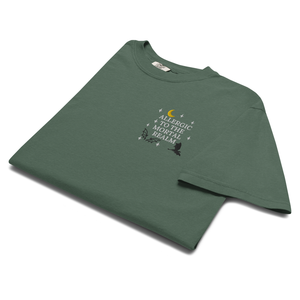 Allergic to the Mortal Realm Embroidered T-shirt | Comfort Colors Tee