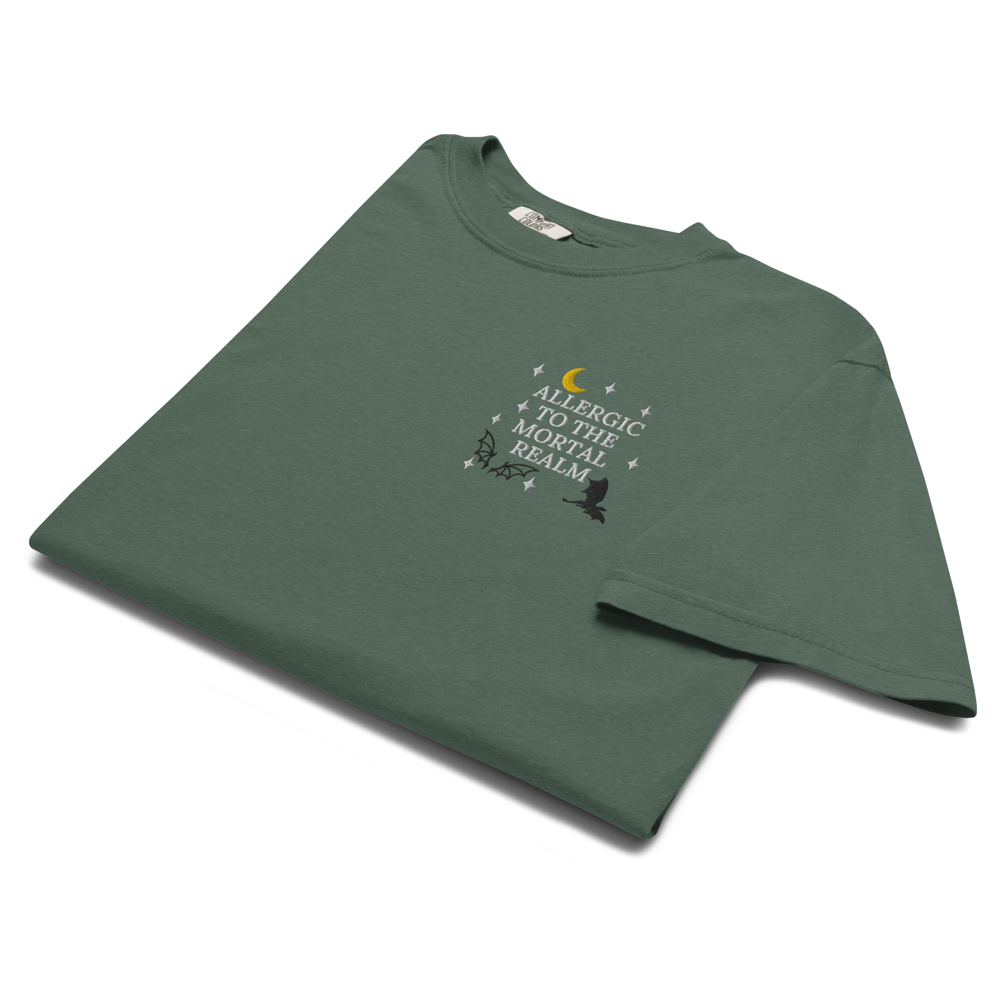 Allergic to the Mortal Realm Embroidered T-shirt | Comfort Colors Tee