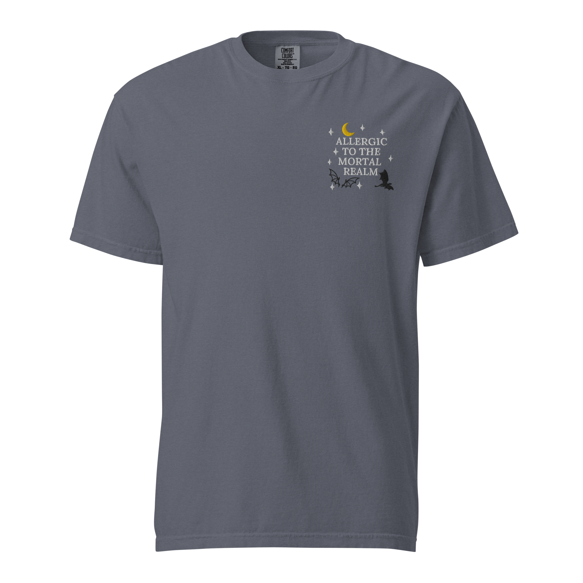 Allergic to the Mortal Realm Embroidered T-shirt | Comfort Colors Tee