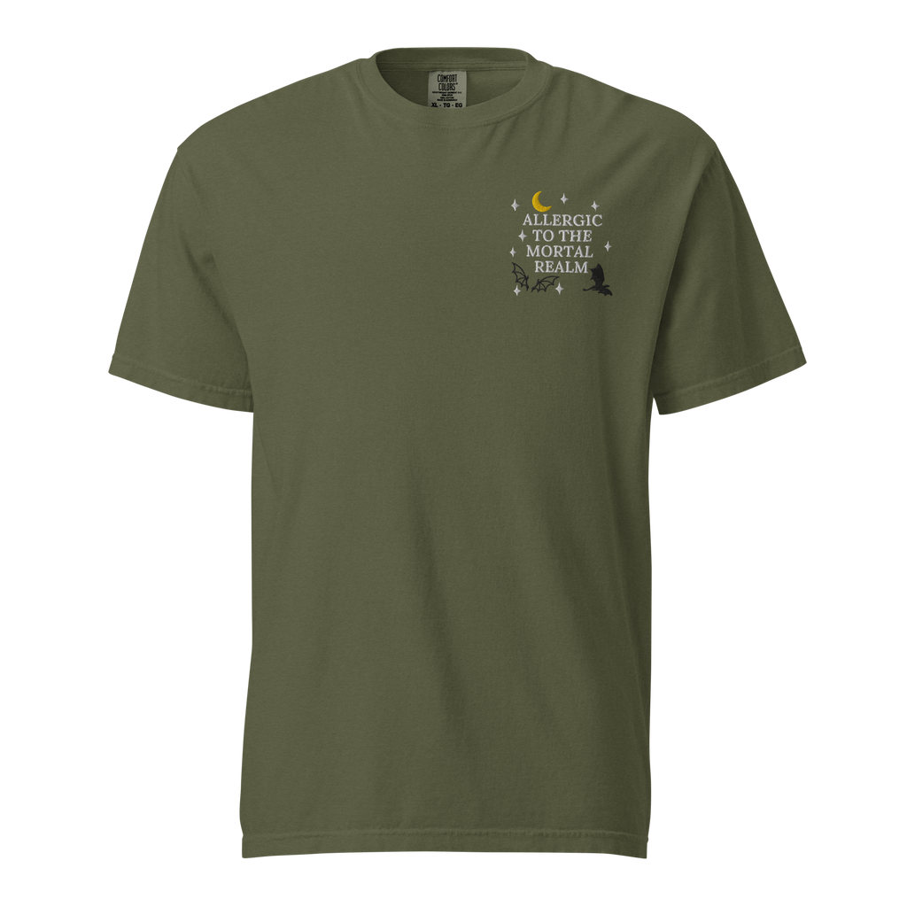 Allergic to the Mortal Realm Embroidered T-shirt | Comfort Colors Tee