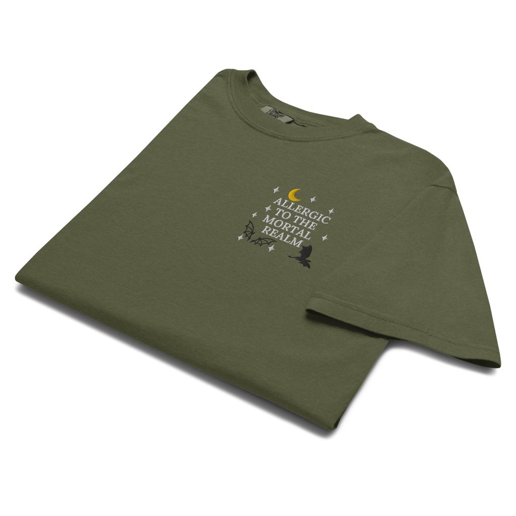 Allergic to the Mortal Realm Embroidered T-shirt | Comfort Colors Tee