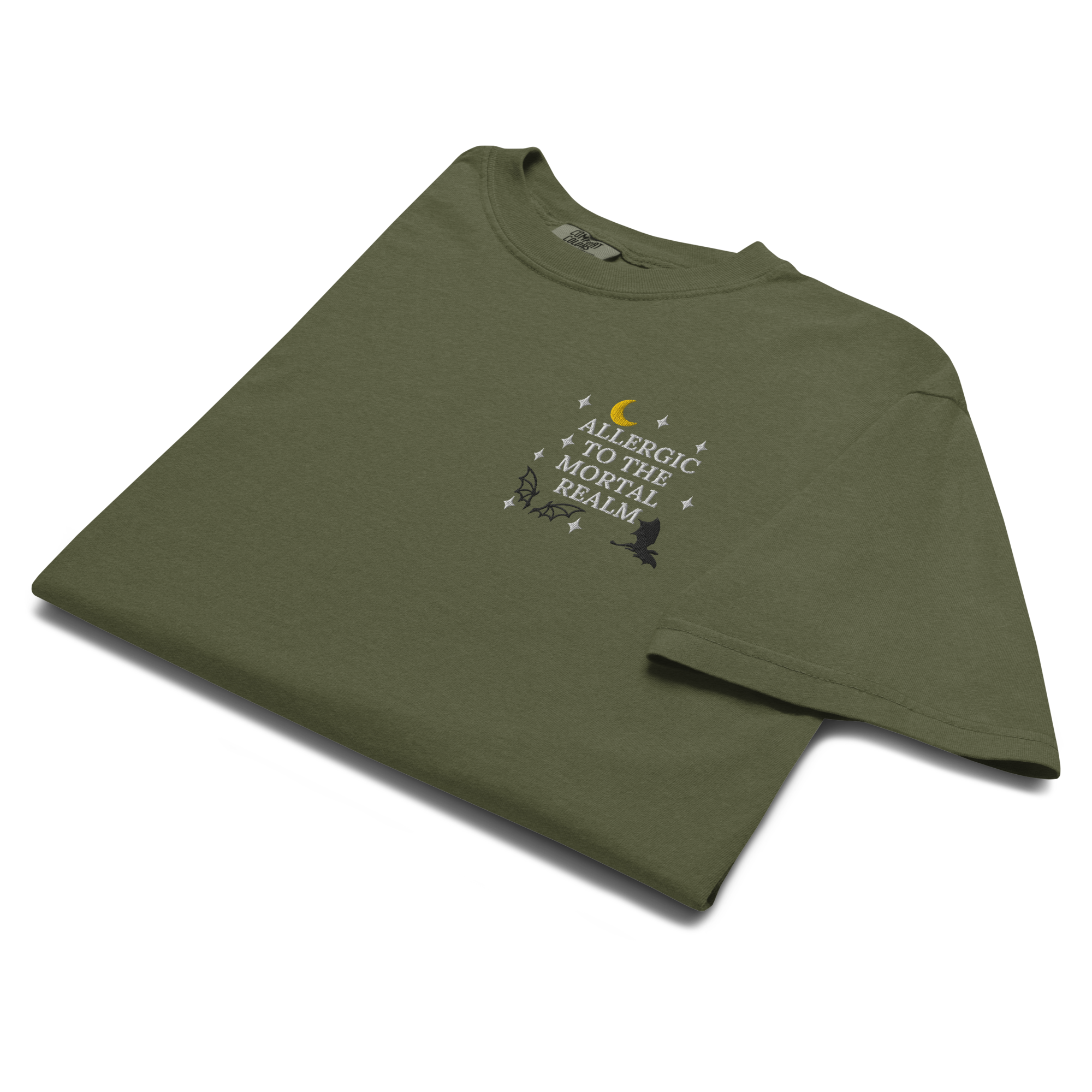 Allergic to the Mortal Realm Embroidered T-shirt | Comfort Colors Tee