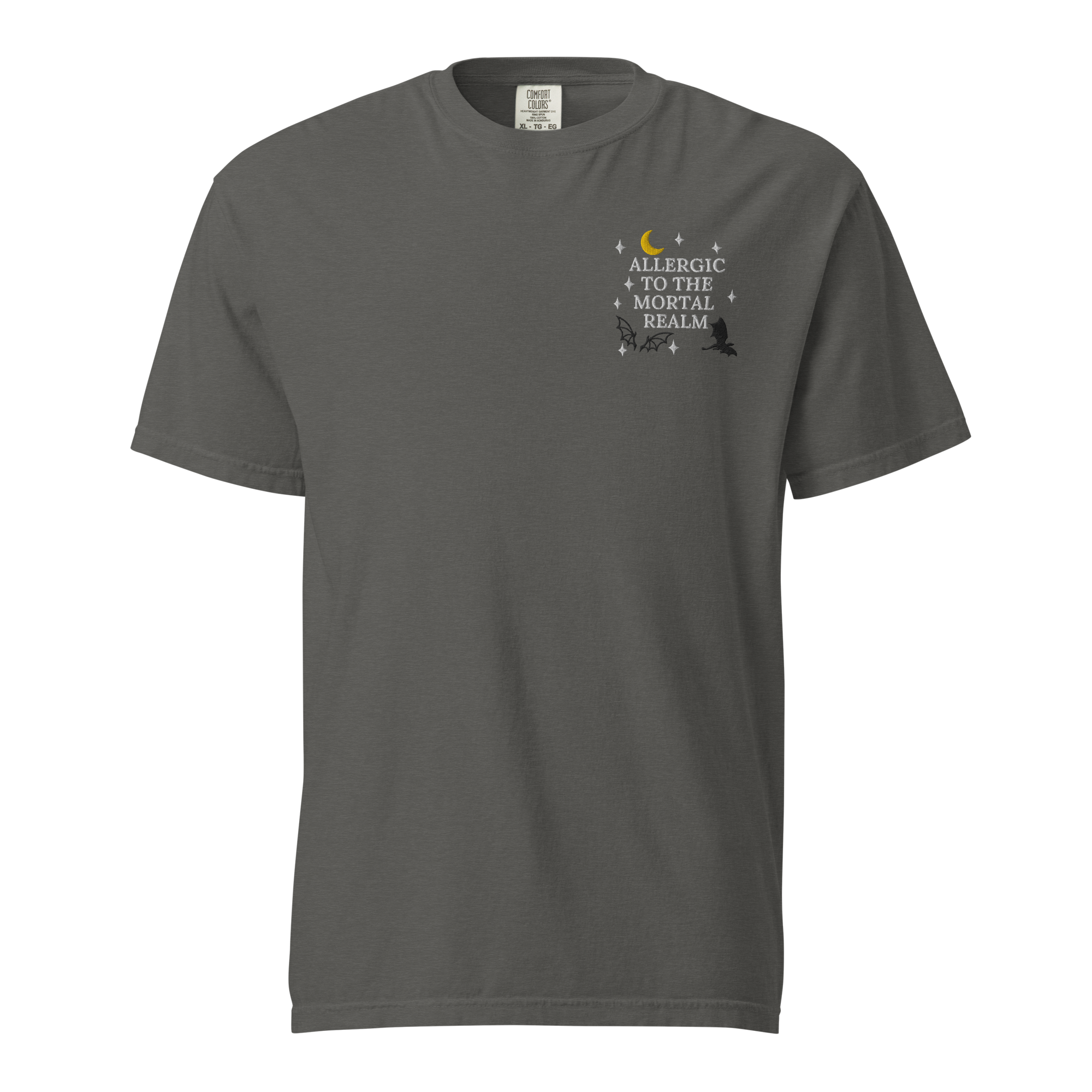Allergic to the Mortal Realm Embroidered T-shirt | Comfort Colors Tee